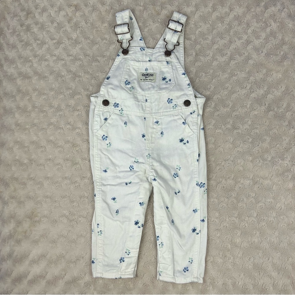 OshKosh B’Gosh Overalls White Blue Floral Flowers Size 9 Months